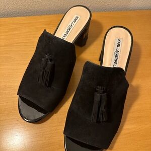 New Karl Lagerfeld Black Tassel Suede Mules